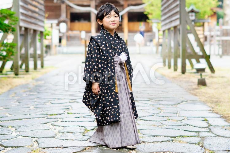 7歳の七五三で照れる男の子 七五三詣,七五三,七五三参りの写真素材