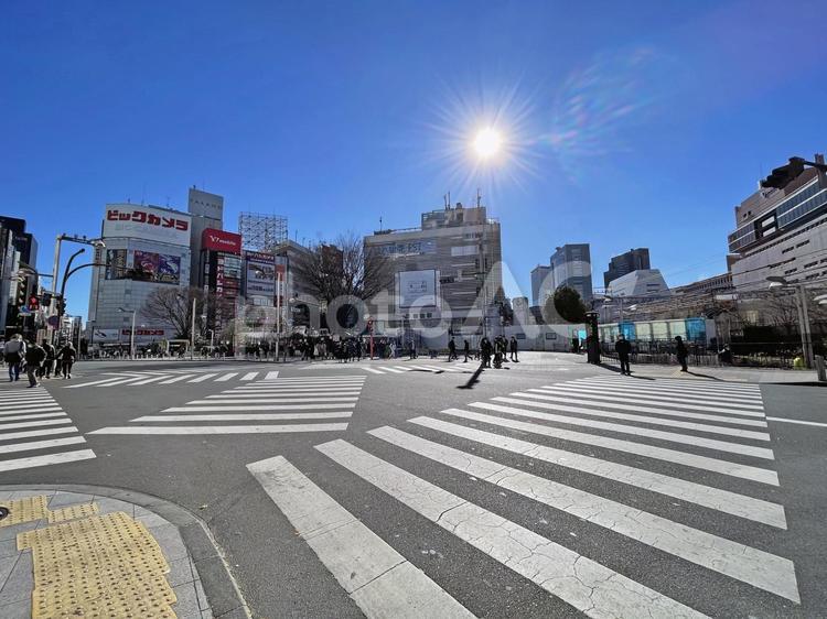 新宿駅2023：東口の駅前交差点 東口,交差点,太陽の写真素材