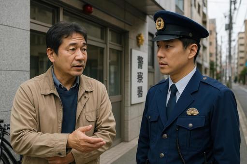 警察署前で相談する男性 警察署前で相談する男性の写真