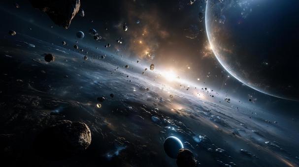 複数の惑星と小惑星、遠くに輝く星雲 複数の惑星と小惑星、遠くに輝く星雲の写真