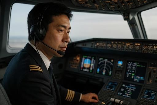 コックピットに座る日本人パイロット コックピットに座る日本人パイロットの写真