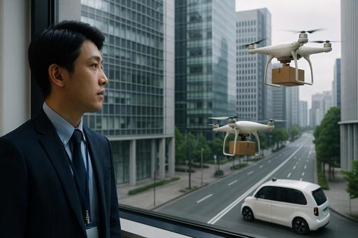 ドローン配送と自動運転車 ドローン配送と自動運転車の写真