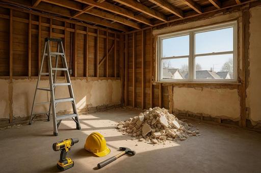 リノベーション工事中の室内・工具と瓦礫の写真