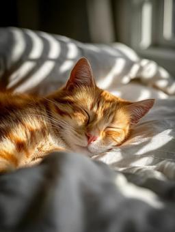 ベッドで眠る猫 ベッドで眠る猫の写真