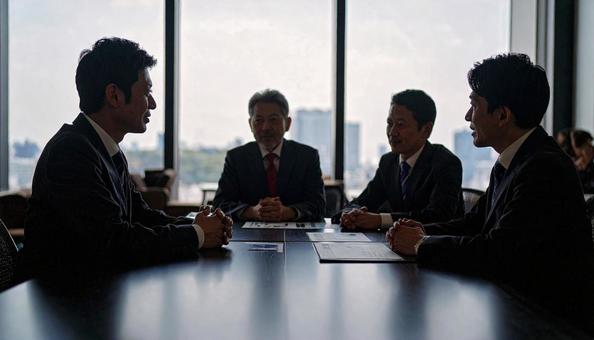 金融機関担当者と社長が経営相談の写真