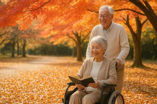 紅葉の中を歩く高齢夫婦と車椅子の妻 紅葉の中を歩く高齢夫婦と車椅子の妻の写真
