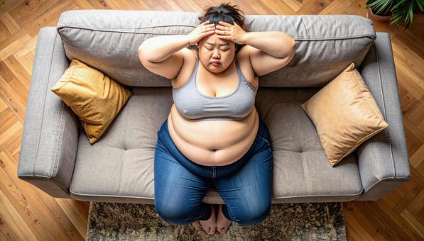 肥満で疲れやすく、額に手をやる女性 肥満で疲れやすく、額に手をやる女性の写真