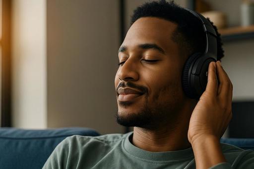 ヘッドホンで音楽を楽しむ男性 ヘッドホンで音楽を楽しむ男性の写真