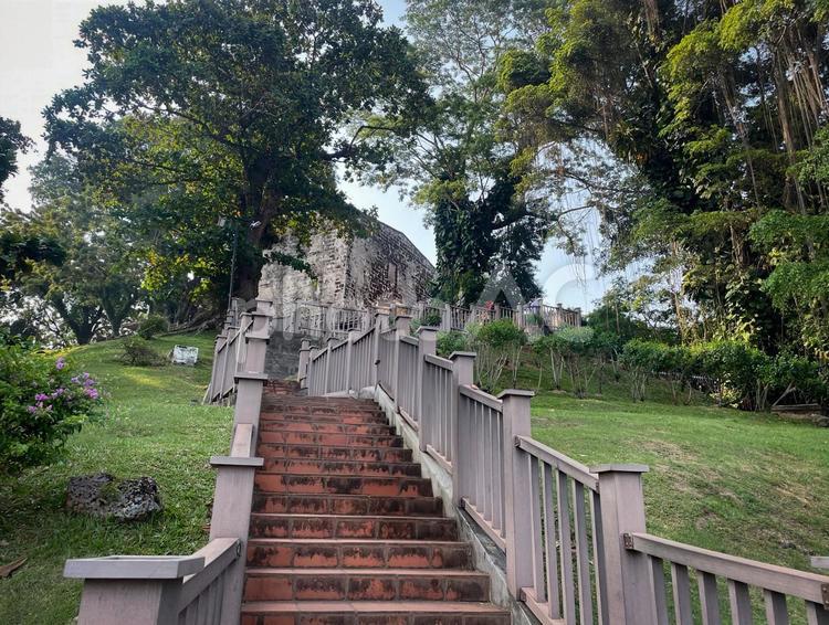 歴史的建物へ続く石階段と緑の風景 歴史,建築,遺跡の写真素材