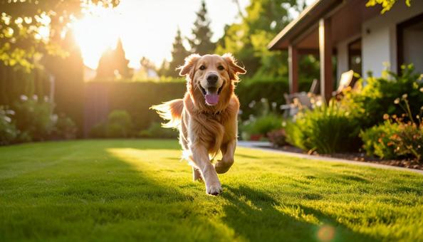 芝生を走ってくるゴールデンレトリバー 芝生を走ってくるゴールデンレトリバーの写真