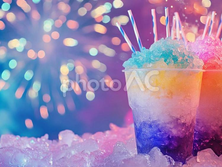 花火とかき氷 夜,ふわふわ,かき氷の写真素材