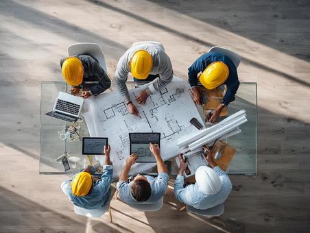打ち合わせをする建築家とエンジニアたち 打ち合わせをする建築家とエンジニアたちの写真