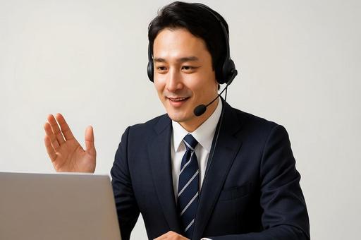 ヘッドセットで会議参加する男性・在宅勤務 ヘッドセットで会議参加する男性・在宅勤務の写真