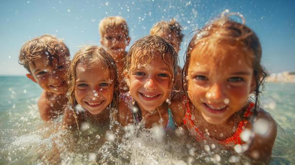 海で遊ぶ笑顔の子供たち 海で遊ぶ笑顔の子供たちの写真