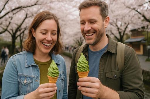 桜並木と抹茶アイスクリーム 桜並木と抹茶アイスクリームの写真