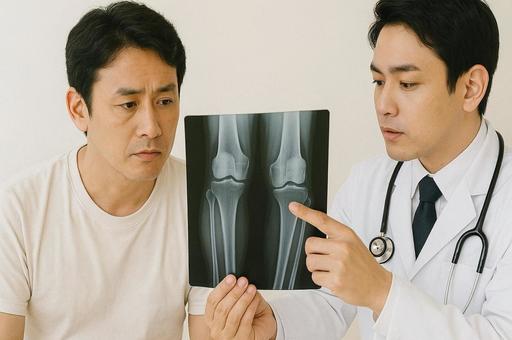 整形外科での診察風景・膝のレントゲン確認 整形外科での診察風景・膝のレントゲン確認の写真