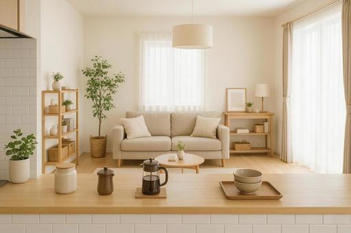 カウンターキッチンから見たリビングの写真