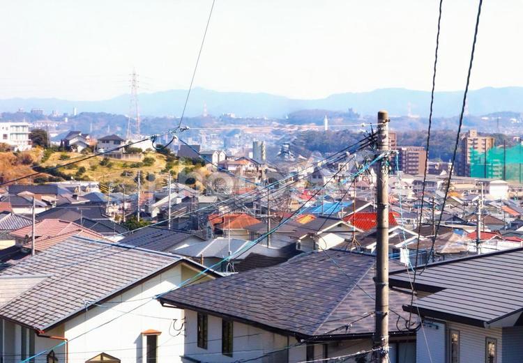 住宅を見下ろす電信柱 木々,緑,グリーンの写真素材