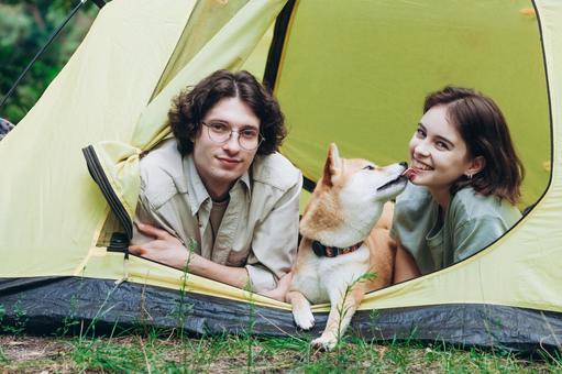 テント前で犬と並ぶ男性と女性 男女,外国人,犬の写真素材