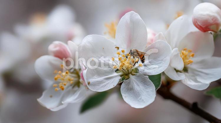水滴をまとった白いリンゴの花と蜂 リンゴの花,白い花,花の写真素材