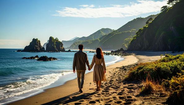 手を繋いで海辺を歩くカップルの写真