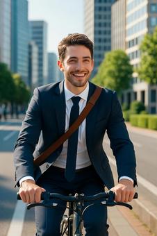 都心を自転車通勤するビジネスマンの写真