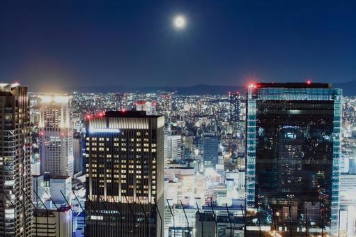 月が輝く大阪の夜景 夜景,大阪,都市の写真素材