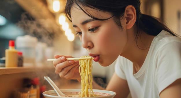 熱々ラーメンを食べる女性の飲食シーン 熱々ラーメンを食べる女性の飲食シーンの写真