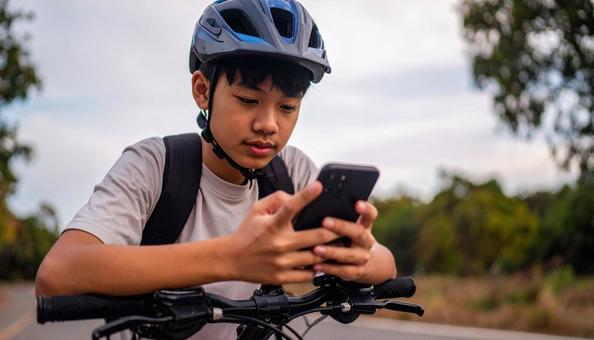 自転車を止めてスマホを見る男の子 自転車を止めてスマホを見る男の子の写真