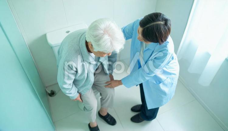 高齢女性のトイレの介助をしている家族 バリアフリー,建物,施設の写真素材