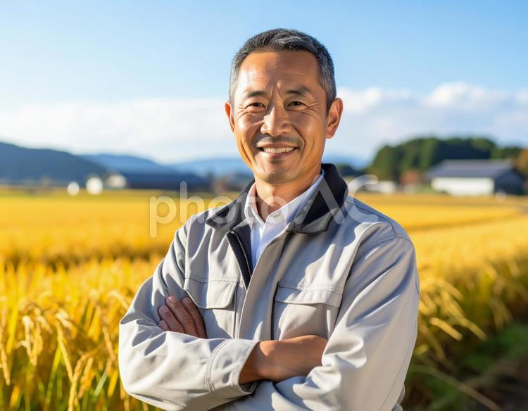 秋・私の水田が収穫時期です 農家,男性,稲穂の写真素材