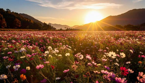 夕暮れ時の秋のコスモス畑 夕暮れ時の秋のコスモス畑の写真