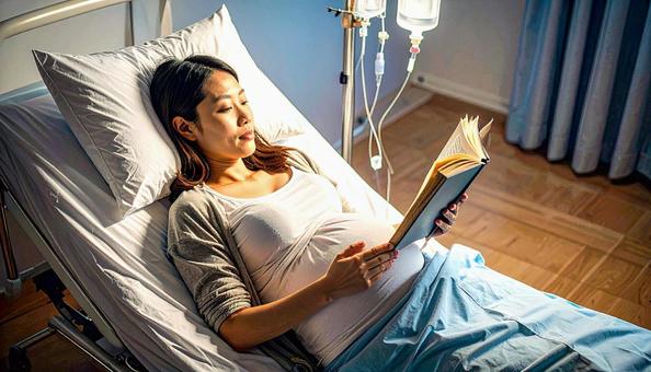 本を読んで安静にして点滴を打つ妊婦の写真