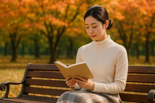 紅葉と読書女性 紅葉と読書女性の写真