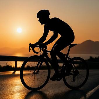 夜明けのロードバイクの写真