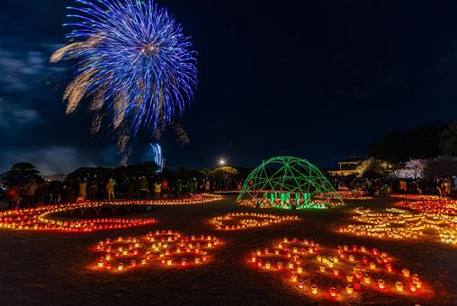 偕楽園　イルミネーションと花火 偕楽園,花火,夜空の写真素材