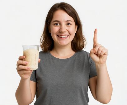 お米のカップを持った笑顔の女性で1の指 お米のカップを持った笑顔の女性で1の指の写真
