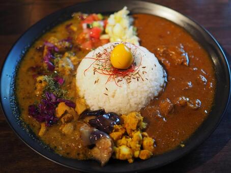 スパイスカレーハーフ&ハーフ カレー,スパイス,ライスの写真素材