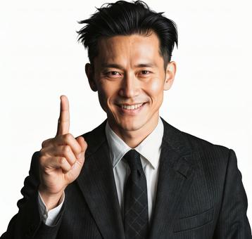 人差し指を立てて笑顔で説明する男性 人差し指を立てて笑顔で説明する男性の写真