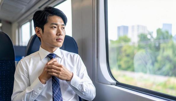 電車内で窓を見ながらネクタイを締める男性 電車内で窓を見ながらネクタイを締める男性の写真