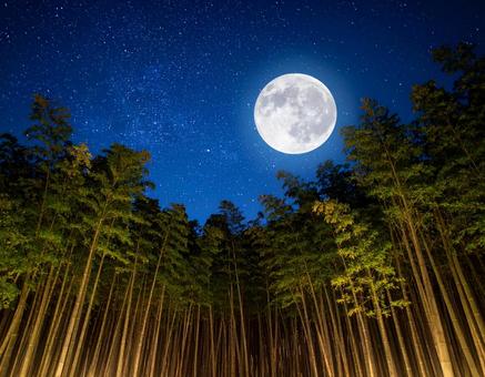 Moonlit bamboo forest and starry sky on the night of Tanabata, tanabata, moonlight, full moon, JPG