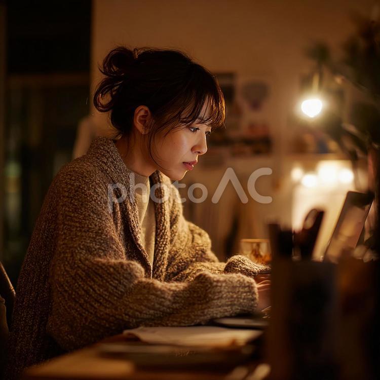 温かい光の中で仕事をする日本人女性 日本人,女性,オフィスワーカーの写真素材