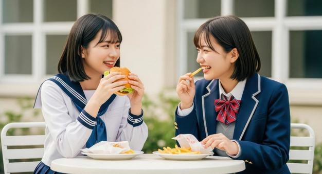 女子高生二人がハンバーガーを楽しむの写真