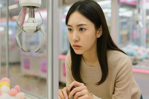 Young woman with serious expression playing UFO catcher, ufo catcher, crane game, young woman, JPG