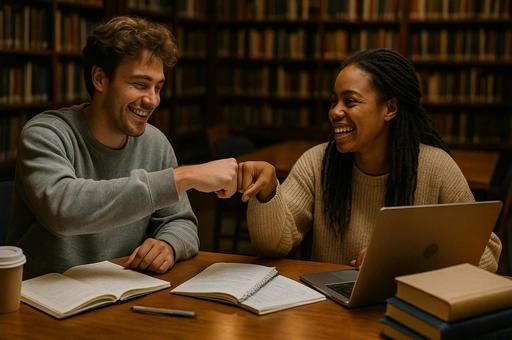 図書館で勉強する友達 図書館で勉強する友達の写真