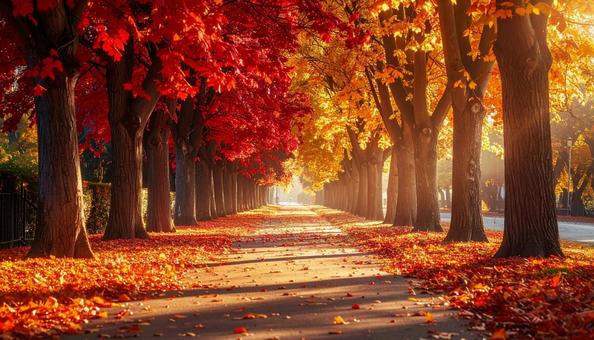 夕暮れに染まる紅葉の並木道 夕暮れに染まる紅葉の並木道の写真