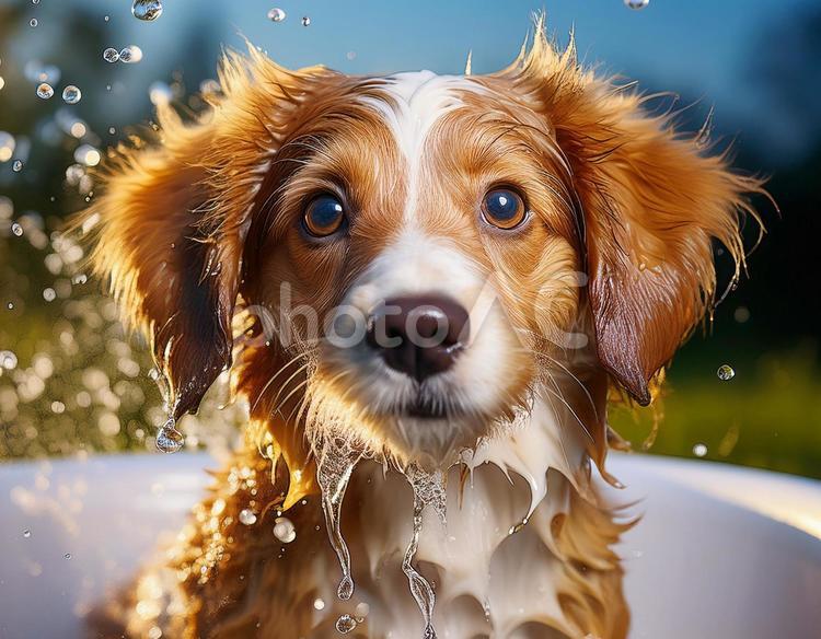 シャンプーをされる犬 シャンプー,犬,桶の写真素材