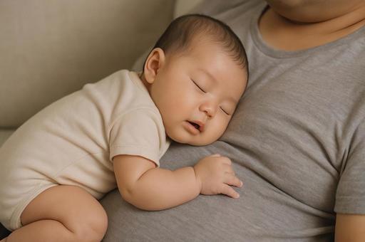 お父さんのお腹の上で眠る赤ちゃん お父さんのお腹の上で眠る赤ちゃんの写真