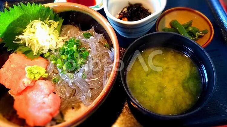 美味しそうな生しらす丼とマグロとお味噌汁 しらす,生,マグロの写真素材