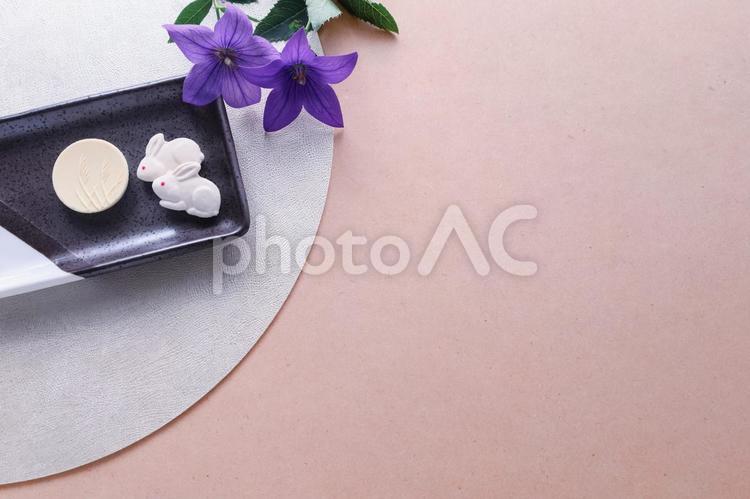 桔梗とお月見モチーフの干菓子 月見,十五夜,うさぎの写真素材